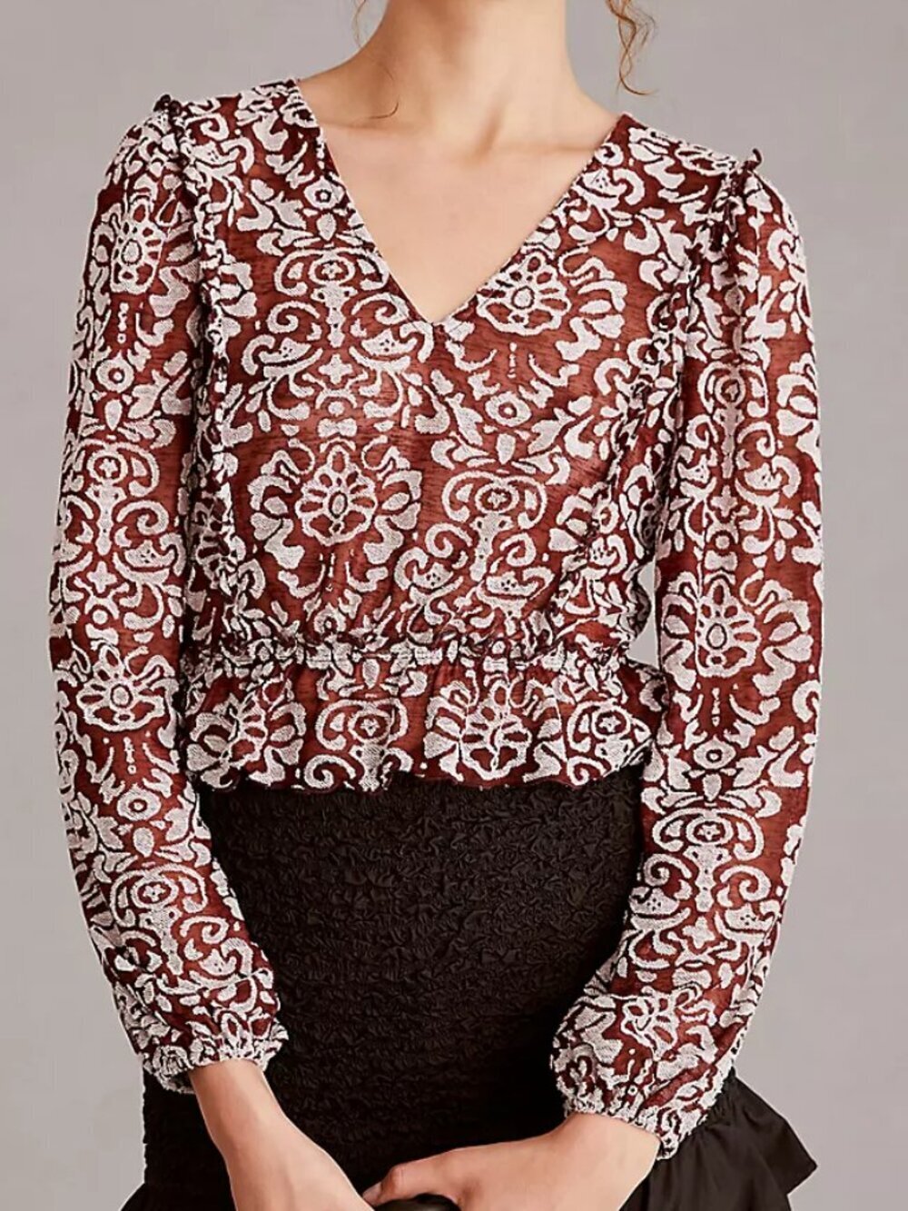 Anthropologie Jacquard peasant blouse top shirt stretch boho ruffle wine new S